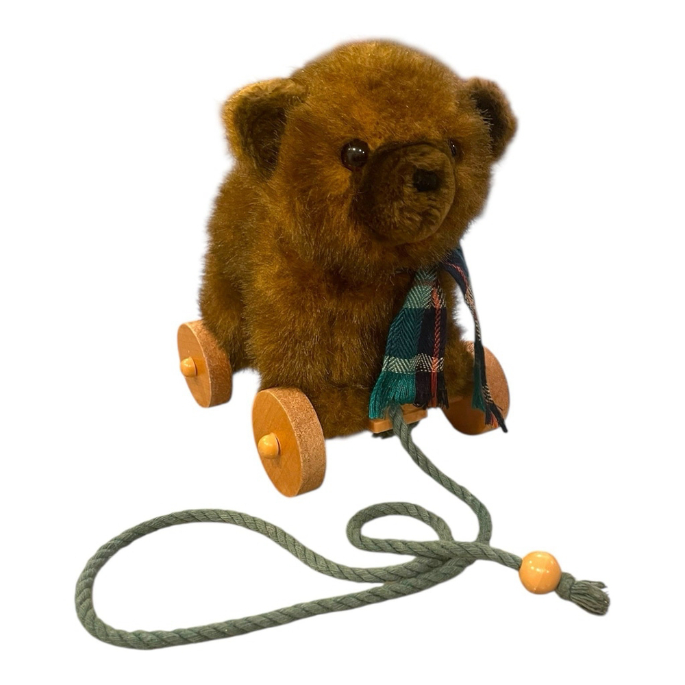 Vintage Applause Pull Behind Bear Plush Toy Wood Wheels Plaid Scarf 1986 Brown